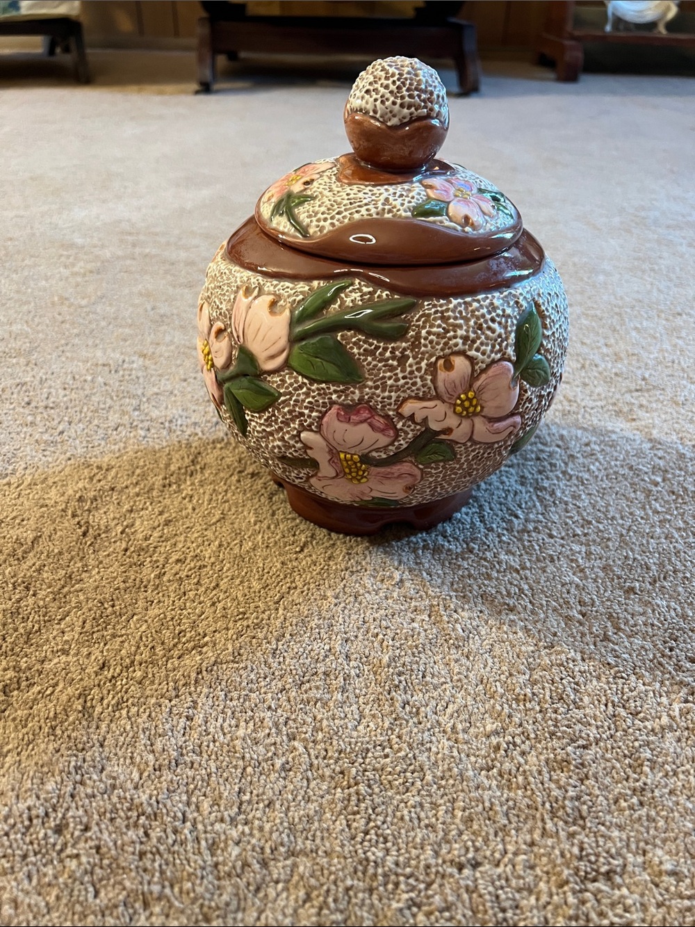 Handcrafted Floral Ceramic Jar with Lid in Brown and Pink